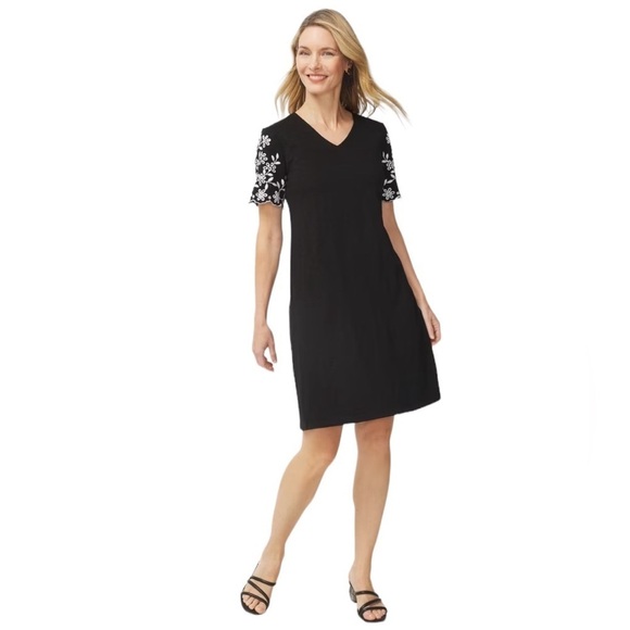 Chico’s Embroidered Lace Sleeve Black V-Neck Shift Dress Cotton Slub Pockets 12 - Picture 1 of 15